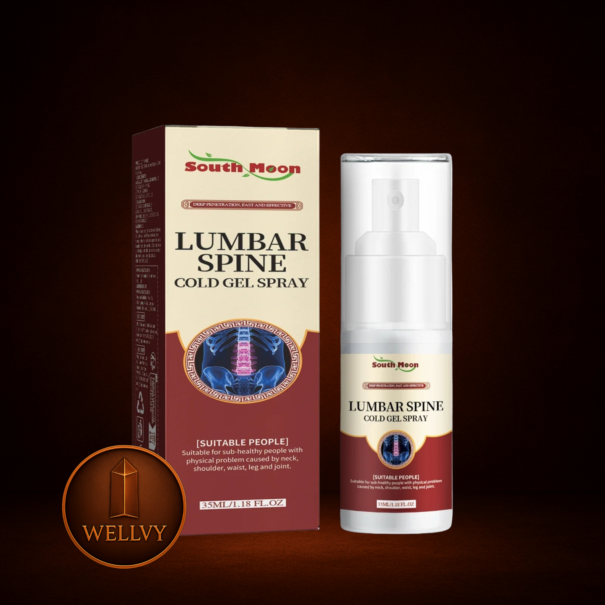 South Moon Lumbar Spine Cold Gel Spray packaging on a dark background