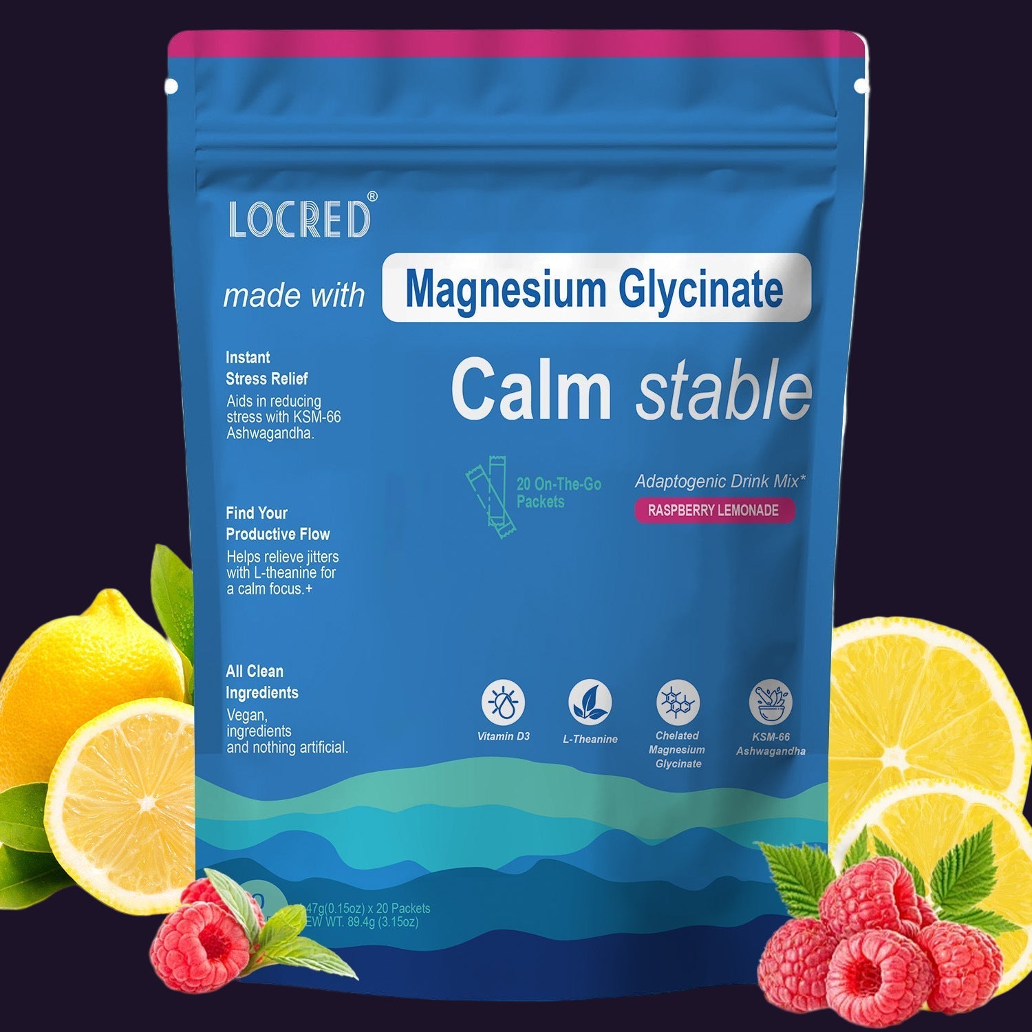 Magnesium Glycinate Powder – Stress Relief & Relaxation Drink | Raspberry Lemonade | 20 Packs